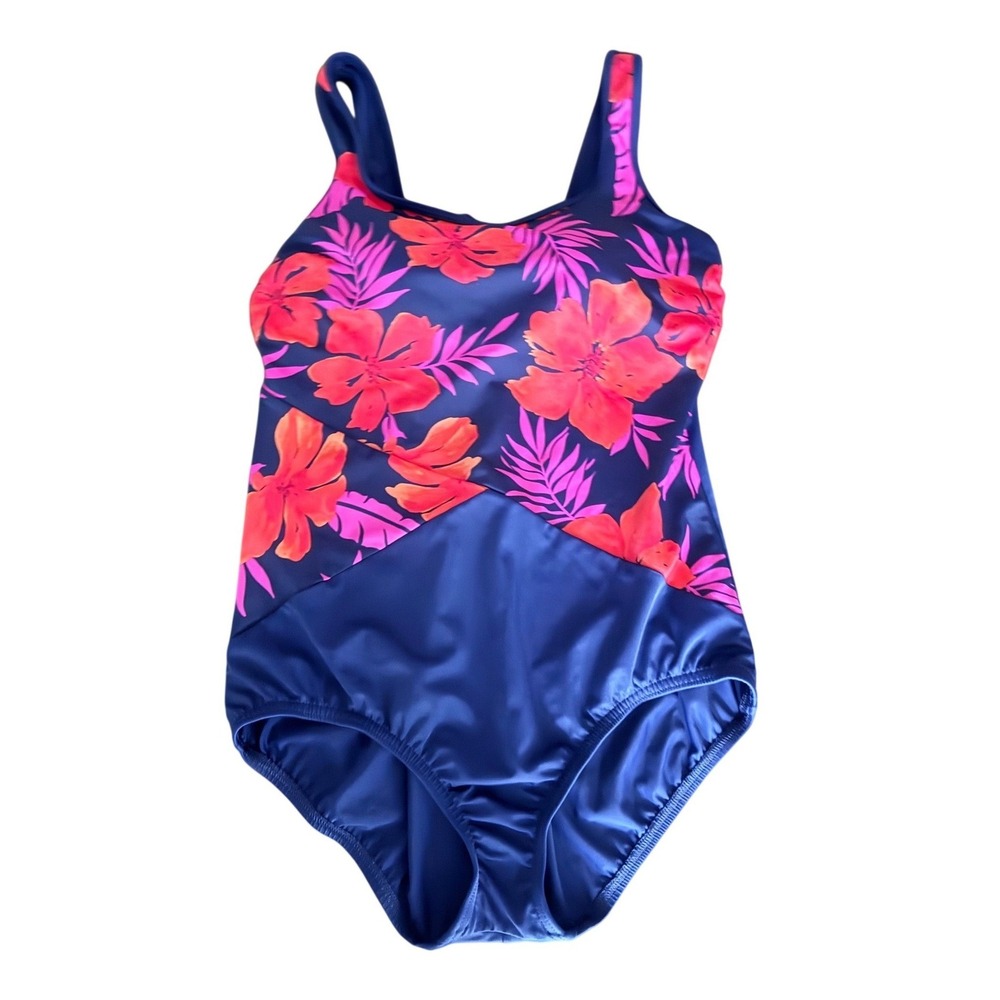 Lands End Womens Navy Pink Orange Floral One Piece Swimsuit Size M 10-12